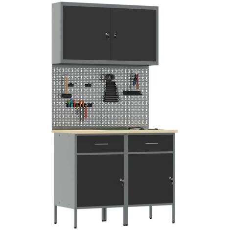 5 Piece Work Cabinet and Pegboard Set Black MDF and Metal vidaXL