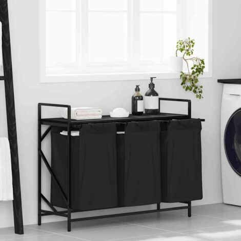 Laundry Basket 3 Compartments with Shelf Black Oak vidaXL
