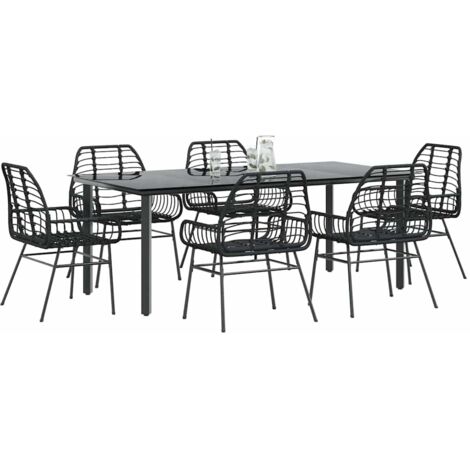 7 Piece Garden Dining Set Black Poly Rattan Glass vidaXL (1/5)
