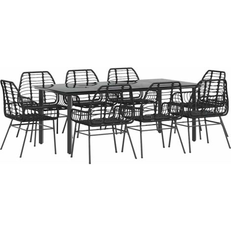 9 Piece Garden Dining Set Black Poly Rattan Glass vidaXL (1/5)