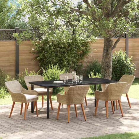 Garden Dining Set with Cushion 7 pcs Beige Poly Rattan vidaXL