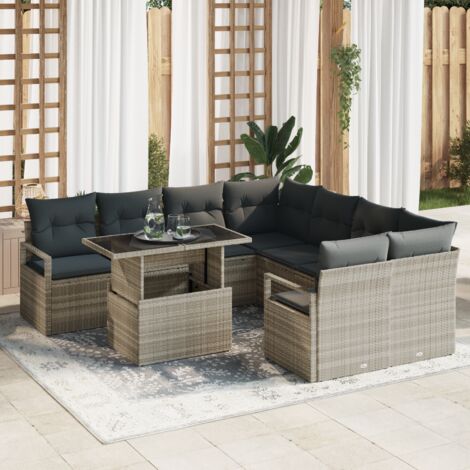 Garden Sofa Set with Cushion 9 pcs Light Grey Poly Rattan vidaXL