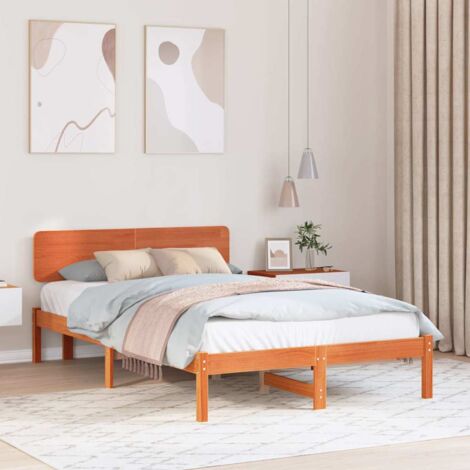 Bed Frame with Headboard Wax Brown 135 x 190 cm Solid Pine Wood vidaXL (1/5)