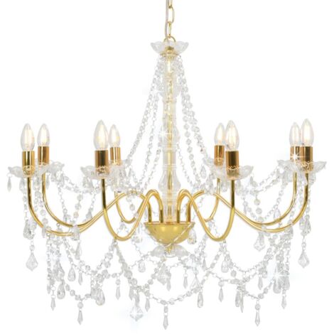 Chandelier with Beads Golden 8 x E14 Bulbs vidaXL