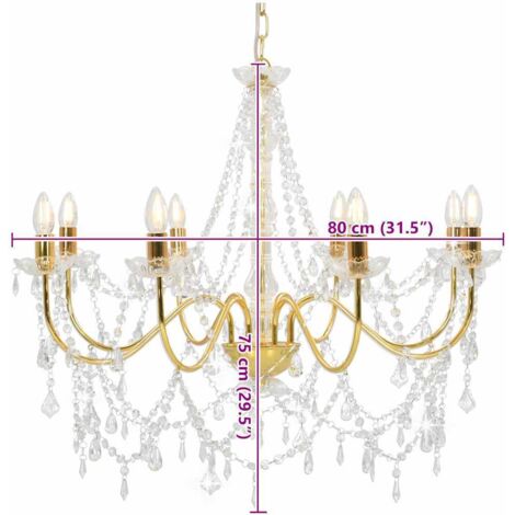 Chandelier with Beads Golden 8 x E14 Bulbs vidaXL