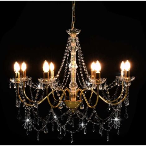 Chandelier with Beads Golden 8 x E14 Bulbs vidaXL