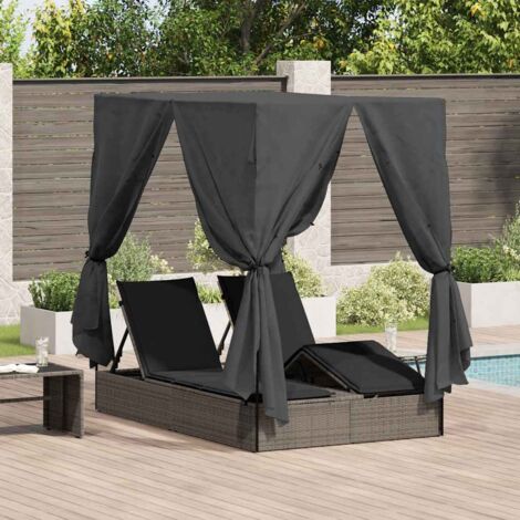 Double Sun Lounger with Roof Grey 205 x 129 x 200 cm PE rattan vidaXL