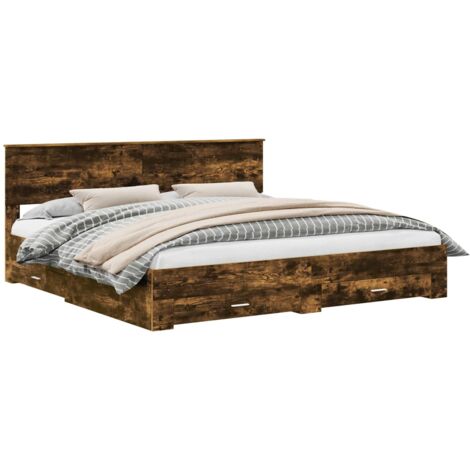 Bed Frame with Drawer Smoked Oak 200 x 200 cm Engineered Wood vidaXL