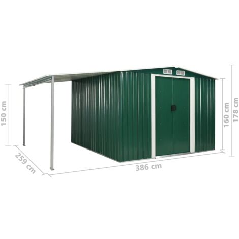 Garden Shed with Sliding Doors Green 386x259x178 cm Steel vidaXL