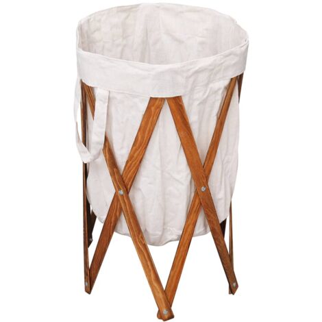 Folding Laundry Basket Cream Wood and Fabric vidaXL