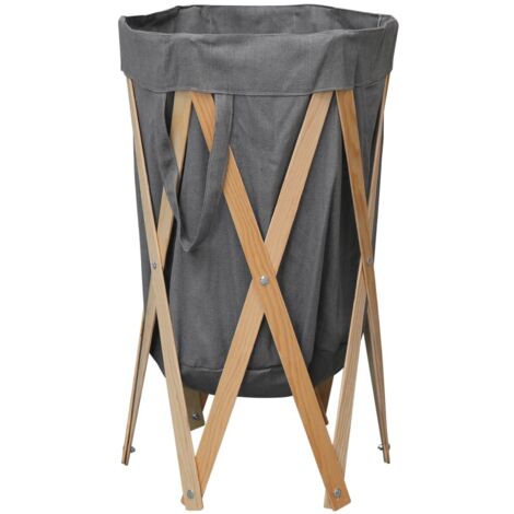 Folding Laundry Basket Grey Wood and Fabric vidaXL