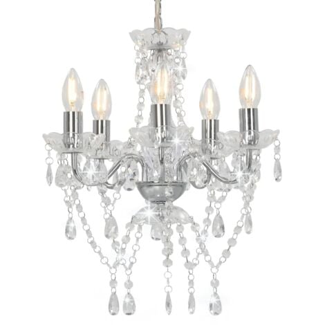 vidaXL Chandelier with Crystal Beads Silver Round 5 x E14 - Silver