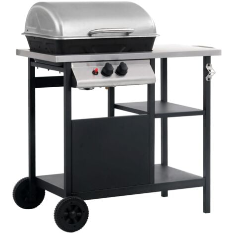 vidaXL Gas BBQ Grill with 3-layer Side Table Black and Silver - Black