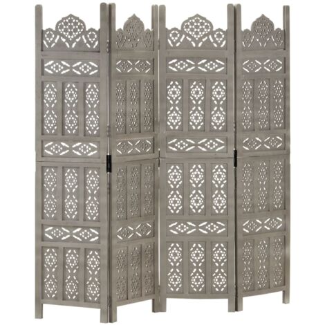 Hand carved 4-Panel Room Divider Grey 160x165 cm Solid Mango Wood vidaXL