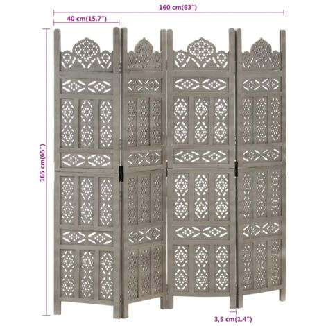 Hand carved 4-Panel Room Divider Grey 160x165 cm Solid Mango Wood vidaXL