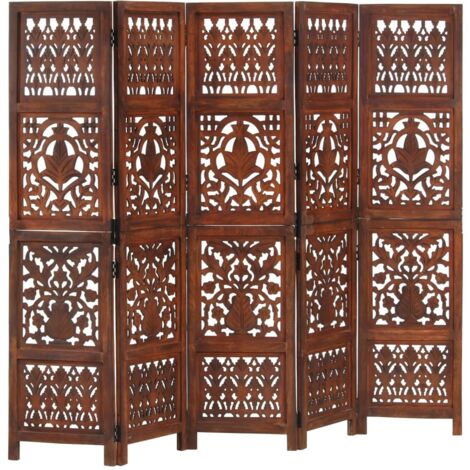 Hand Carved 5-Panel Room Divider Brown 200x165 cm Solid Mango Wood vidaXL