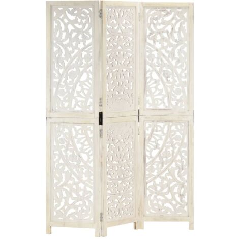 vidaXL Hand carved 3-Panel Room Divider White 120x165 cm Solid Mango Wood