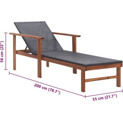Sun Lounger Poly Rattan and Solid Acacia Wood Black vidaXL