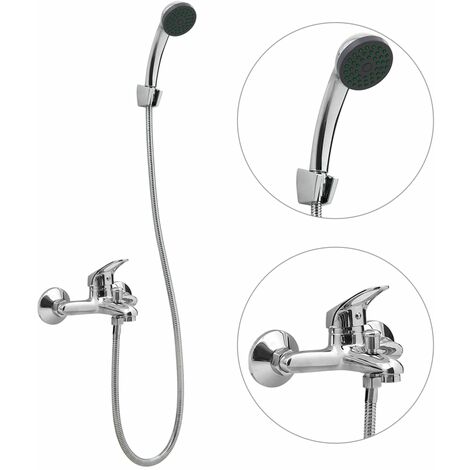 vidaXL Bathtub Shower Mixer with Hand Shower and Hose Tap Set Chrome - Silver