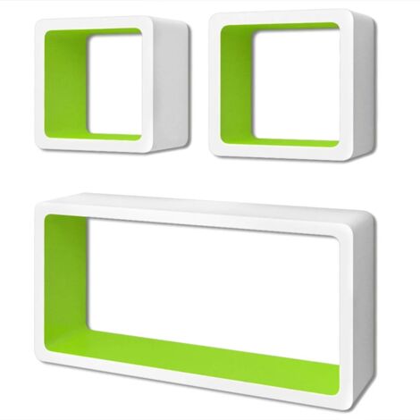 3 Mdf Floating Wall Display Shelf Cubes Book Dvd Storage White Green