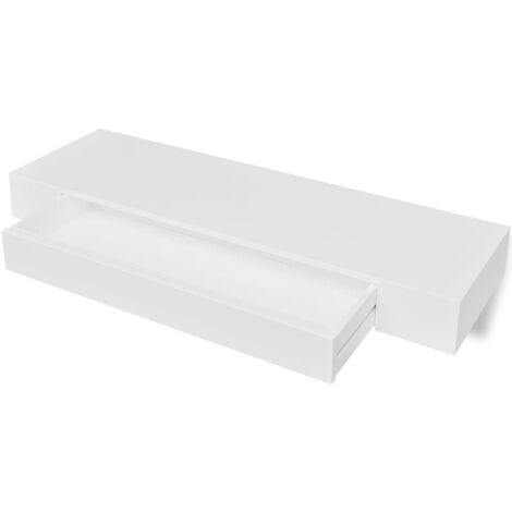White MDF Floating Wall Display Shelf 1 Drawer Book/DVD Storage - White
