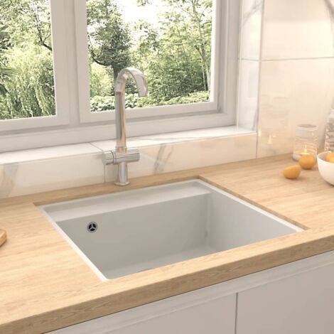 Kitchen Sink with Overflow Hole White Granite vidaXL (1/5)
