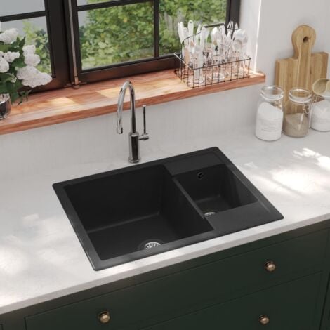 Kitchen Sink with Overflow Hole Double Basins Black Granite vidaXL