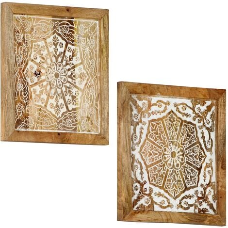 vidaXL Hand-Carved Wall Panels 2 pcs Solid Mango Wood 40x40x1.5 cm - Brown