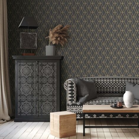 Wallpaper Hexagonal Black and Gold DUTCH WALLCOVERINGS
