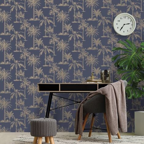 Wallpaper Tropical Trees Navy Blue and Silver DUTCH WALLCOVERINGS