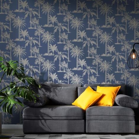 Wallpaper Tropical Trees Navy Blue and Silver DUTCH WALLCOVERINGS