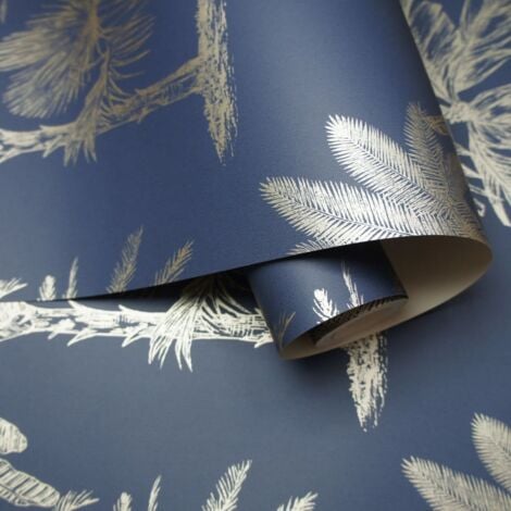 Wallpaper Tropical Trees Navy Blue and Silver DUTCH WALLCOVERINGS