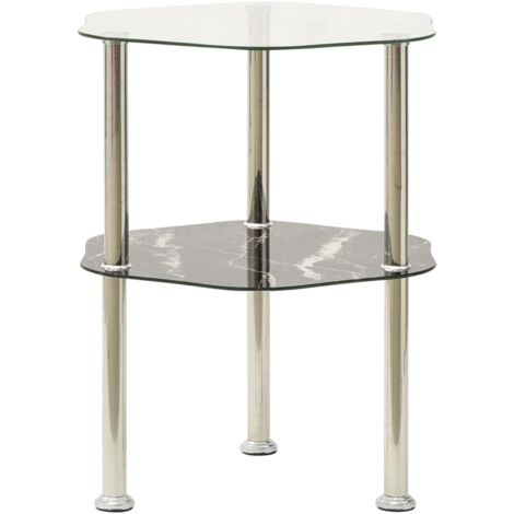 2-Tier Side Table Transparent & Black Marble 38x38x50cm Tempered Glass vidaXL