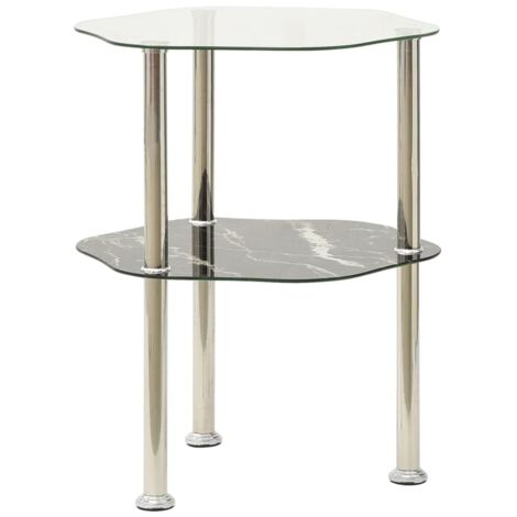 2-Tier Side Table Transparent & Black Marble 38x38x50cm Tempered Glass vidaXL