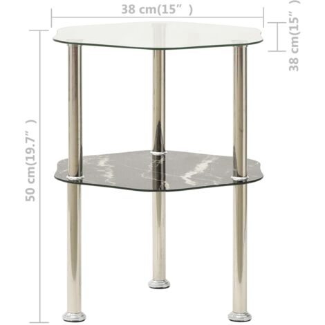 2-Tier Side Table Transparent & Black Marble 38x38x50cm Tempered Glass vidaXL