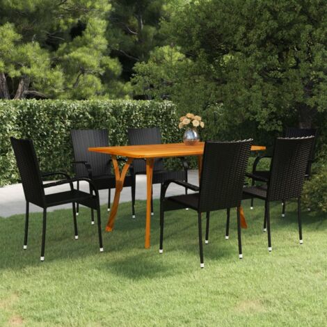 Dining Set Black Solid Acacia Wood, PE Rattan 7 Piece Stackable vidaXL (1/5)