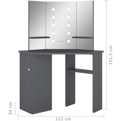 Corner Dressing Table with LED Grey 111x54x141.5 cm vidaXL