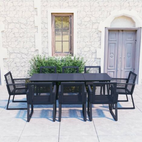 Dining Set  Black  PVC rattan, powder-coated steel, glass  9 Piece Set vidaXL