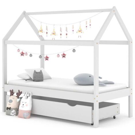 Kids Bed Frame with a Drawer White Solid Pine Wood 80x160 cm vidaXL
