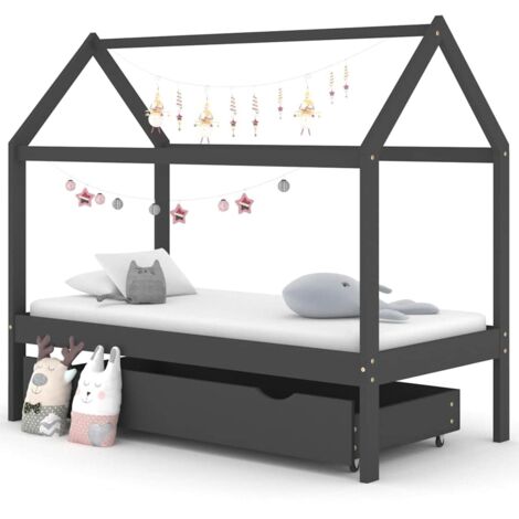 Kids Bed Frame with a Drawer Dark Grey Solid Pine Wood 80x160cm vidaXL