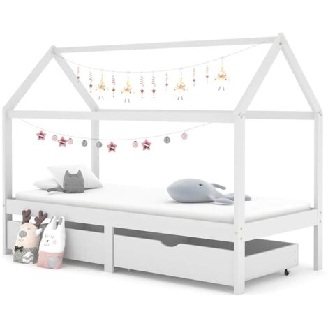 Kids Bed Frame with Drawers White Solid Pine Wood 90x200 cm vidaXL