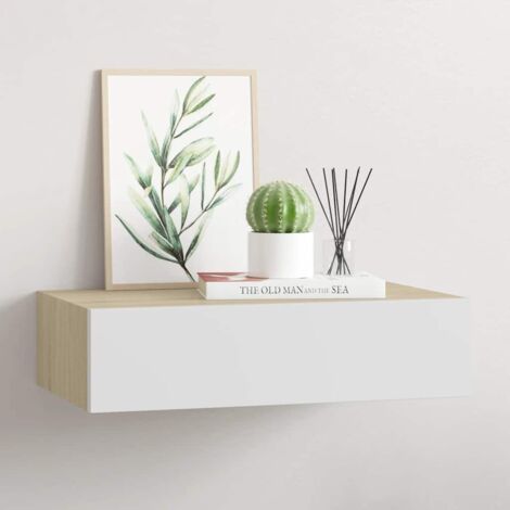 Drawer Shelf Oak and White MDF, Metal Compact Wall Shelf vidaXL