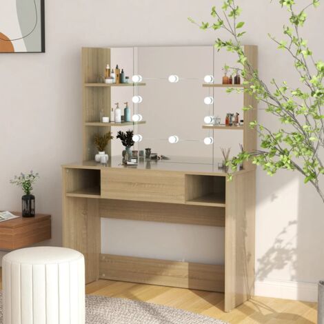 Makeup Table with LED Lights 100x40x135 cm MDF Oak vidaXL