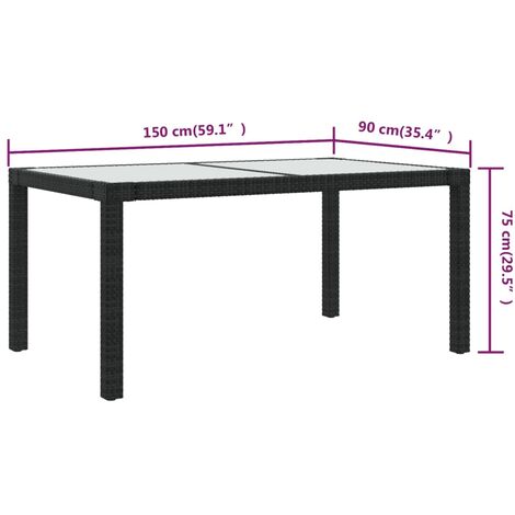 Garden Table 150x90x75 cm Tempered Glass and Poly Rattan Black vidaXL