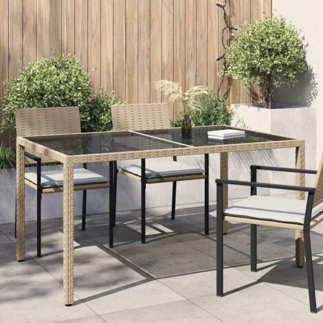 Garden Table 150x90x75 cm Tempered Glass and Poly Rattan Beige vidaXL