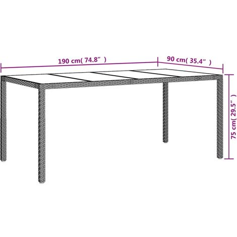 Garden Table Brown 190x90x75 cm Tempered Glass and Poly Rattan vidaXL