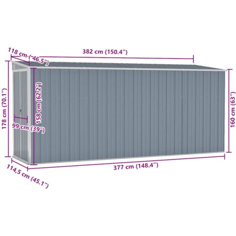 Wall-mounted Garden Shed Grey 118x382x178 cm Galvanised Steel vidaXL
