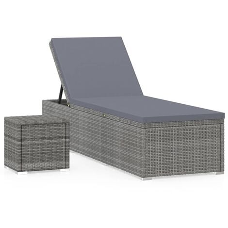 Sun Lounger with Cushion and Tea Table Poly Rattan Grey vidaXL