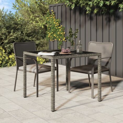 Garden Table 90x90x75 cm Tempered Glass and Poly Rattan Grey vidaXL
