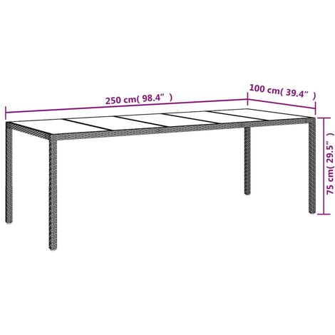 Garden Table Brown 250x100x75 cm Tempered Glass and Poly Rattan vidaXL